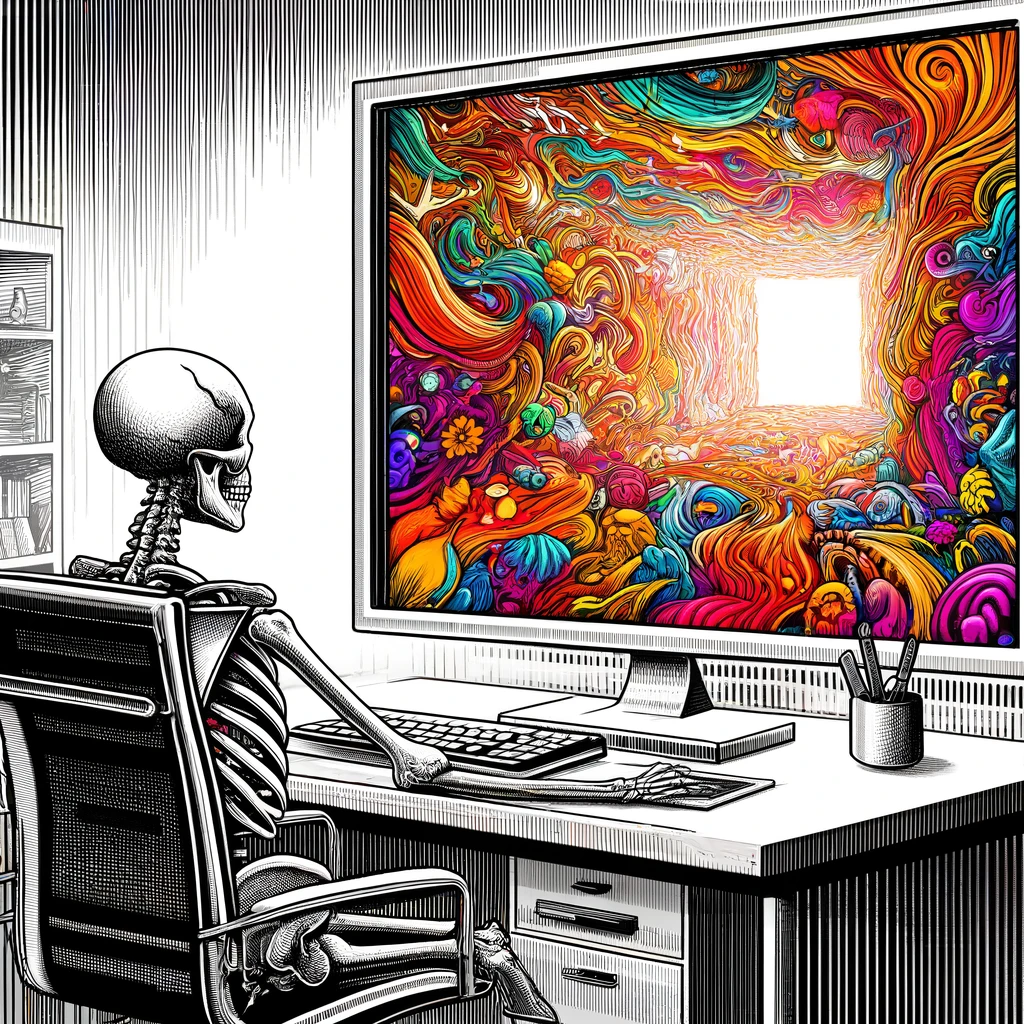 an image of a skeleton looking at a compture with a vibrant screen of colors